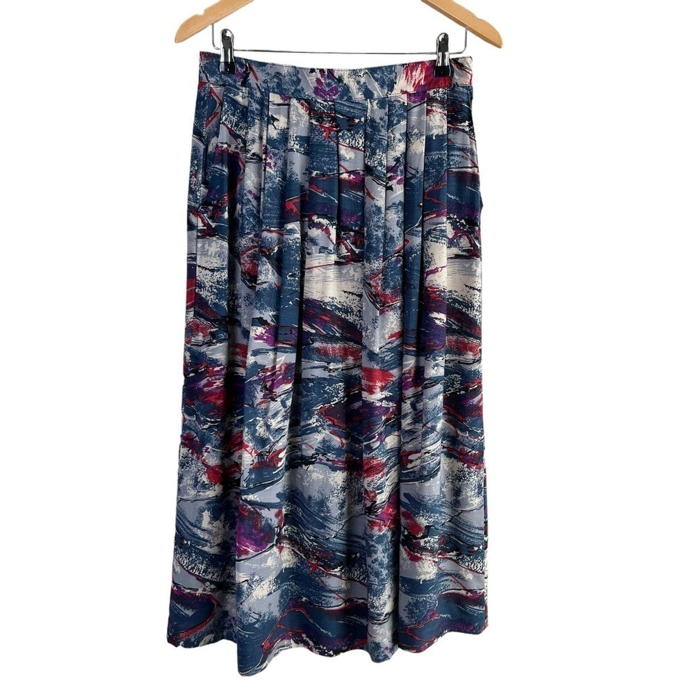 Vintage 80s Selections Manor House Abstract Print Pleated Midi Skirt Blue Red, M